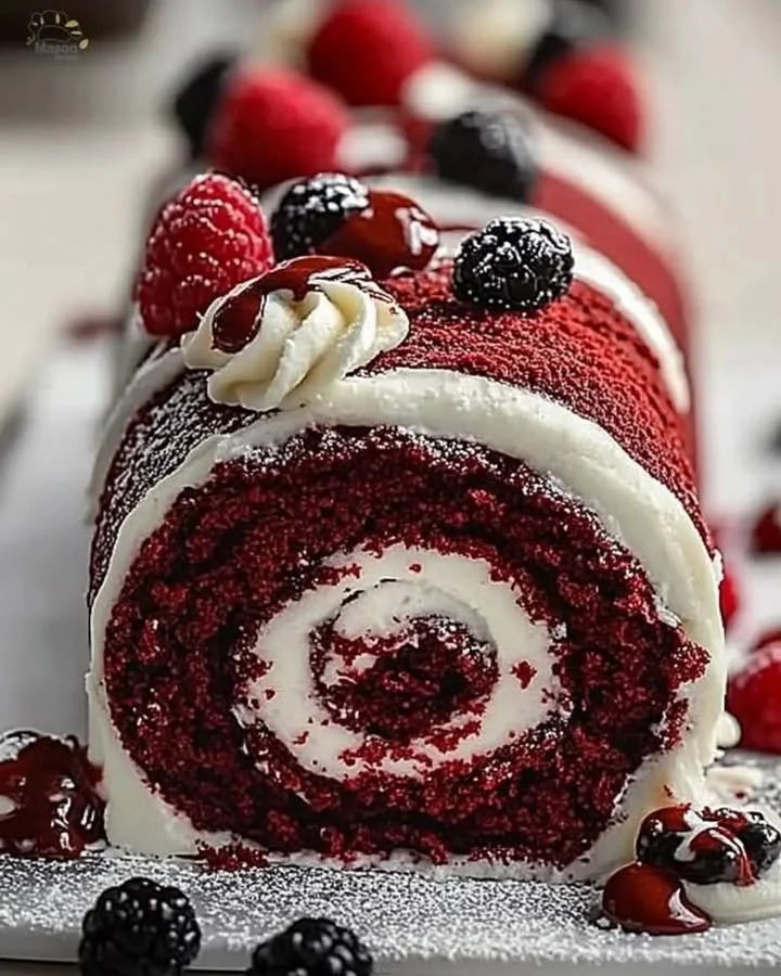 Irresistible Red Velvet Cake Roll with cream cheese filling and chocolate drizzle