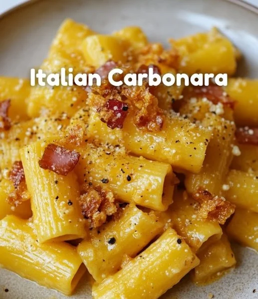 Delicious plate of Italian Carbonara pasta with creamy sauce and pancetta