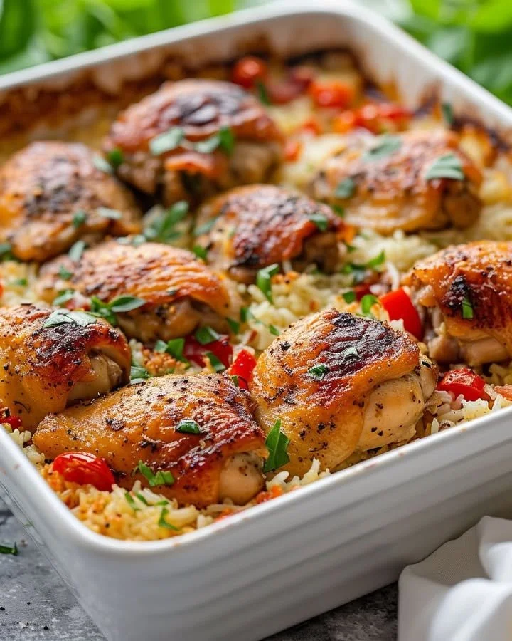 Delicious Italian Chicken Rice Casserole topped with herbs and cheese