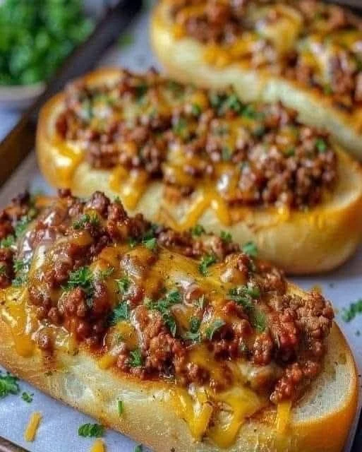 Delicious Italian Garlic Bread Sloppy Joes served on a plate with herbs.