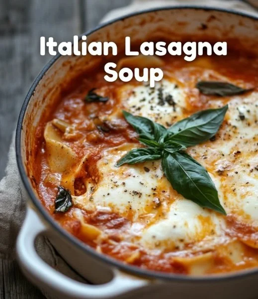 Bowl of Italian Lasagna Soup filled with pasta, cheese, and rich tomato broth