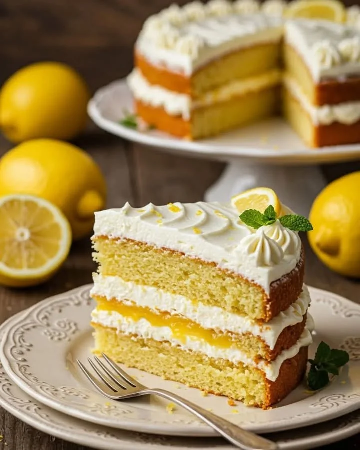Delicious Italian Lemon Cream Cake topped with zesty lemon frosting