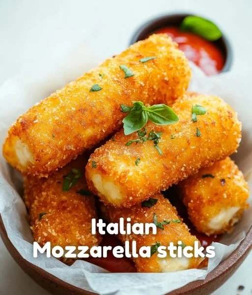 Plate of delicious, golden Italian mozzarella sticks served with marinara sauce.
