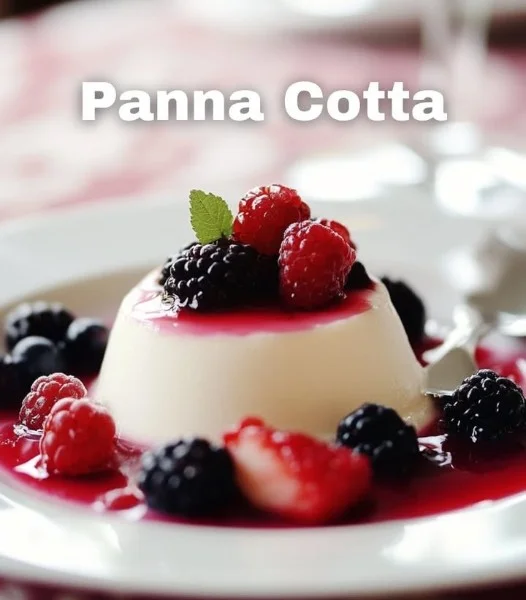 Delicious Italian Panna Cotta dessert topped with fresh berries.