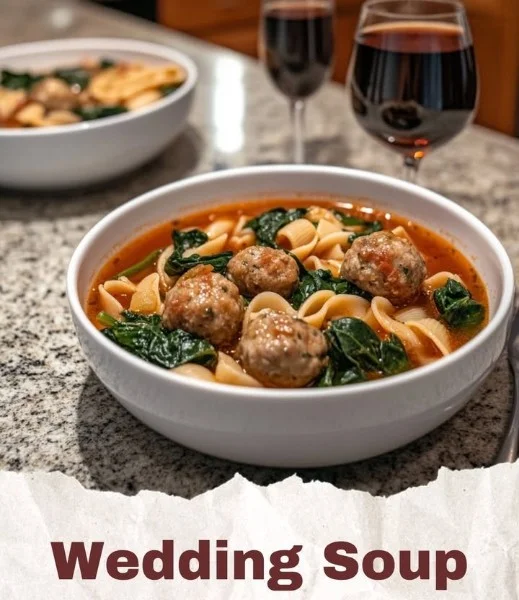 Bowl of Italian Wedding Soup with meatballs and greens