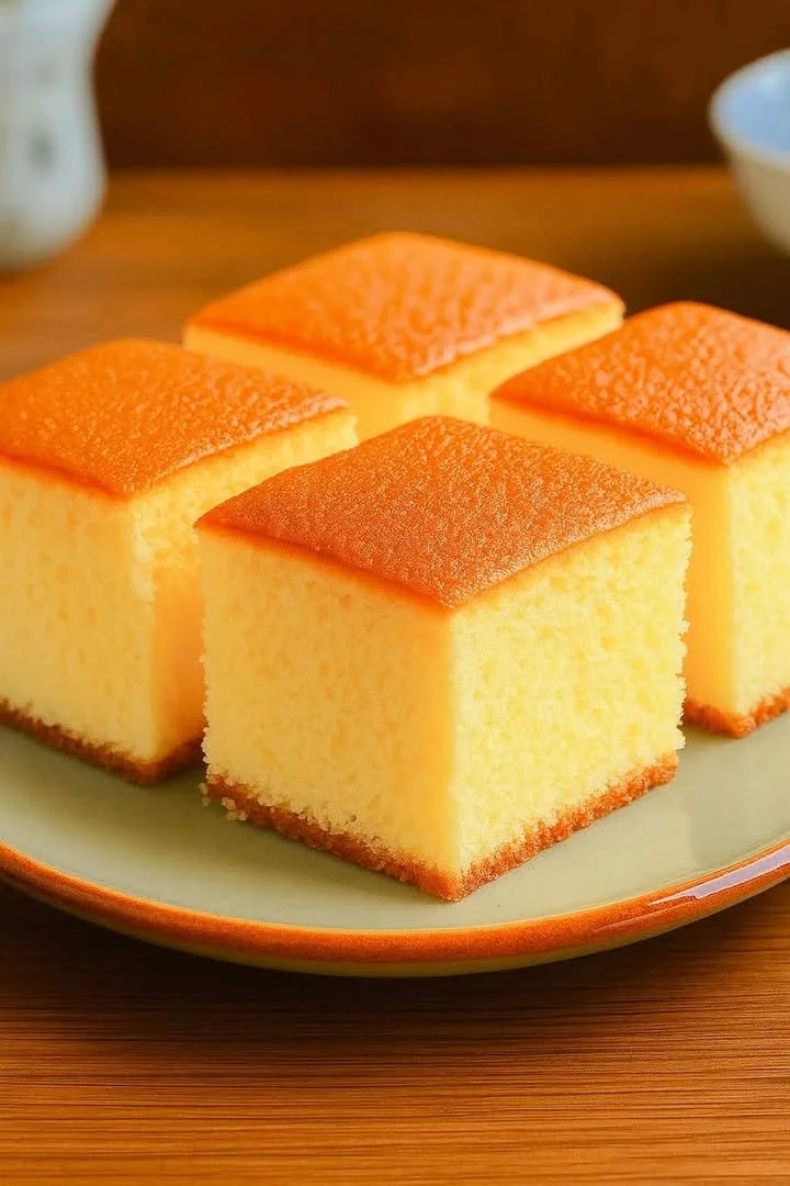 Delicious slice of Japanese Castella Sponge Cake on a plate