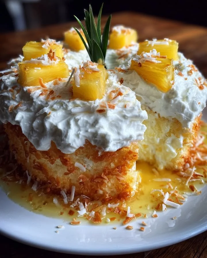 Delicious slice of Juicy Pineapple Heaven Cake topped with fresh pineapple