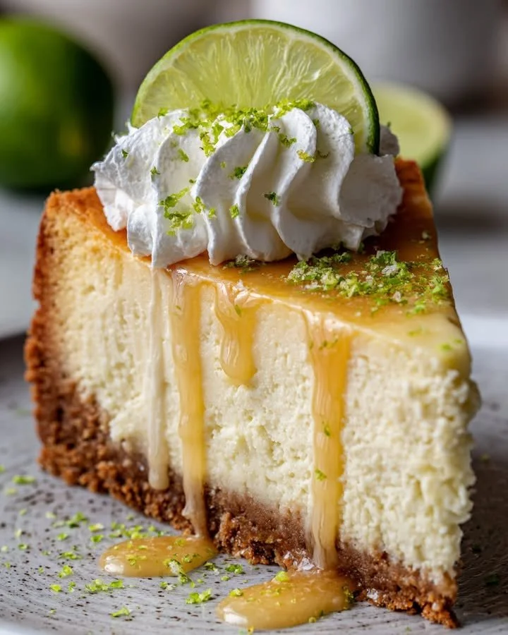 Delicious Key Lime Cheesecake garnished with lime slices and whipped cream