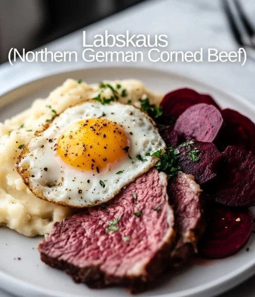 A plate of Labskaus, featuring corned beef, potatoes, and pickles elegantly arranged.