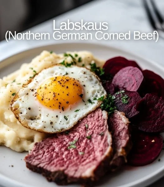 Delicious Labskaus dish featuring corned beef, potatoes, and beets