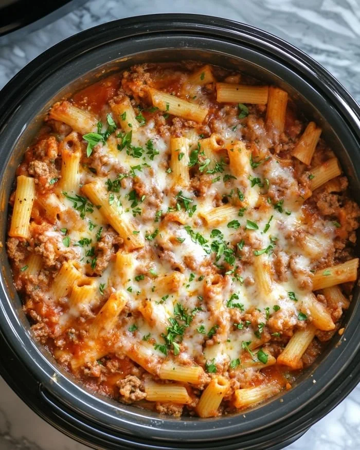 Comfort food dish of Lazy Day Ziti baked with marinara and cheese in a casserole dish