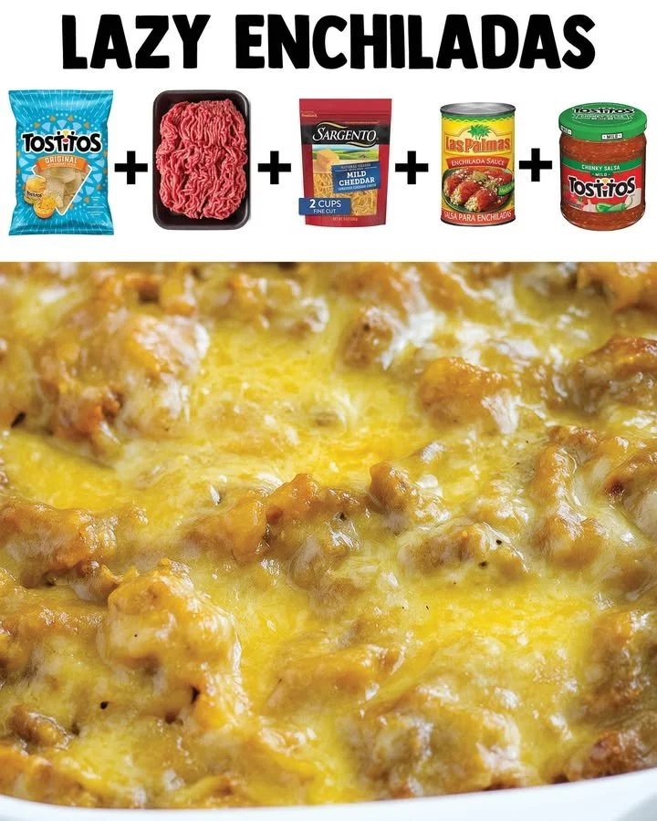 Dish of Lazy Enchiladas topped with cheese and garnished with cilantro