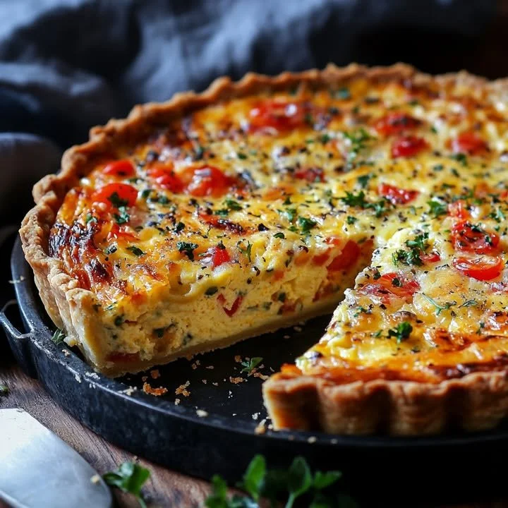 A slice of healthier quiche with fresh vegetables and a golden crust