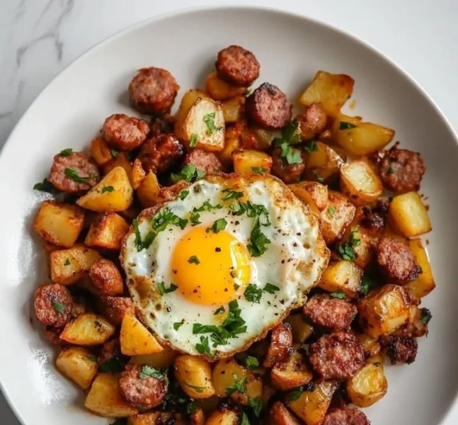 Delicious leftover hash cooked with vegetables and proteins, served in a skillet.