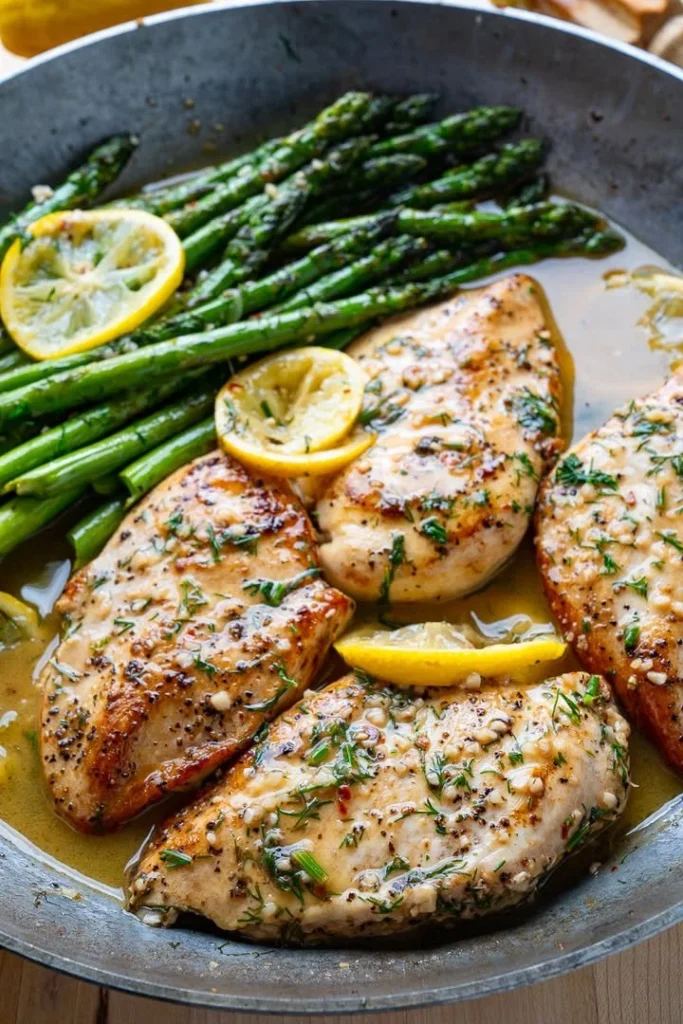 Lemon and dill butter garlic chicken served with asparagus on a plate
