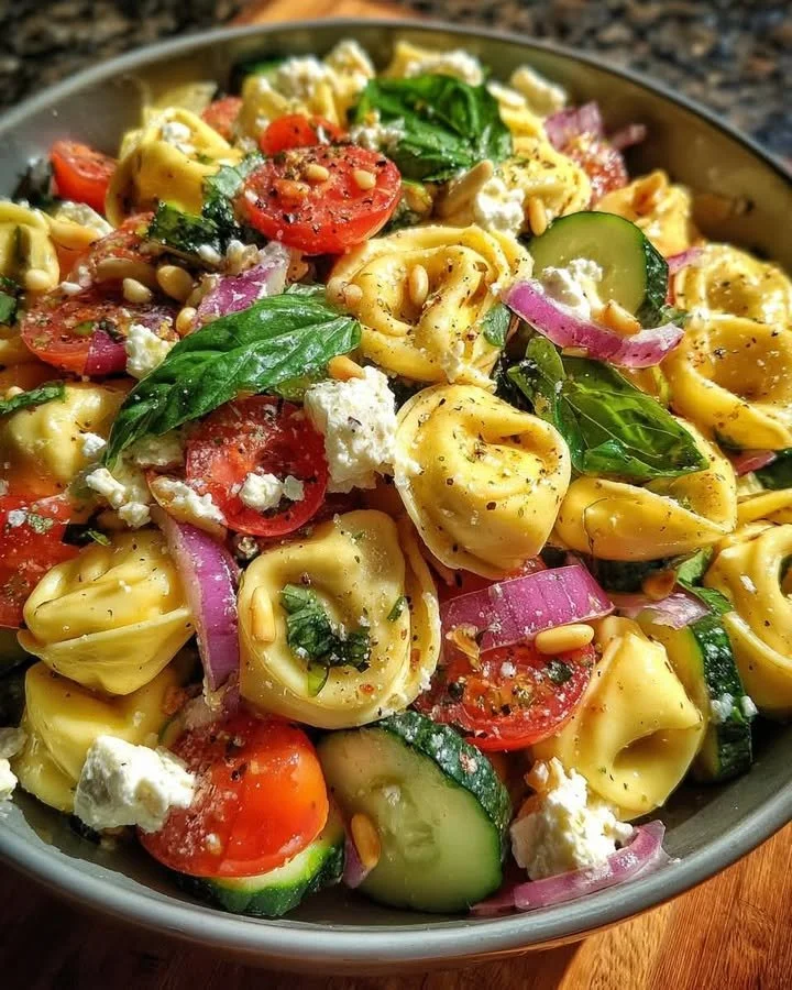 Lemon Basil Tortellini Salad with fresh herbs and vegetables