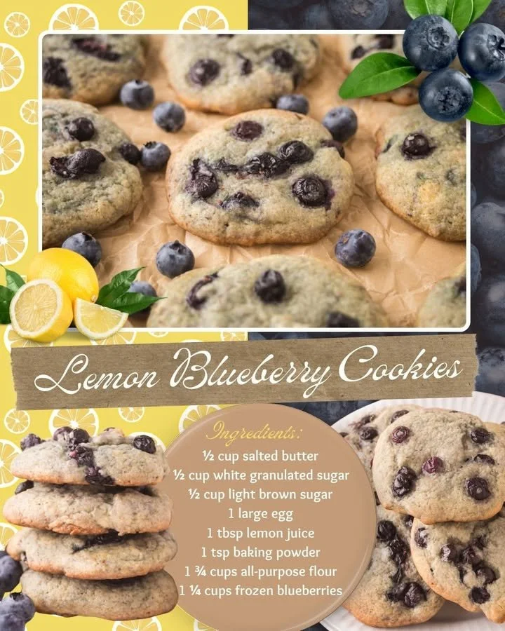 Plate of freshly baked lemon blueberry cookies with blueberries and lemon zest.