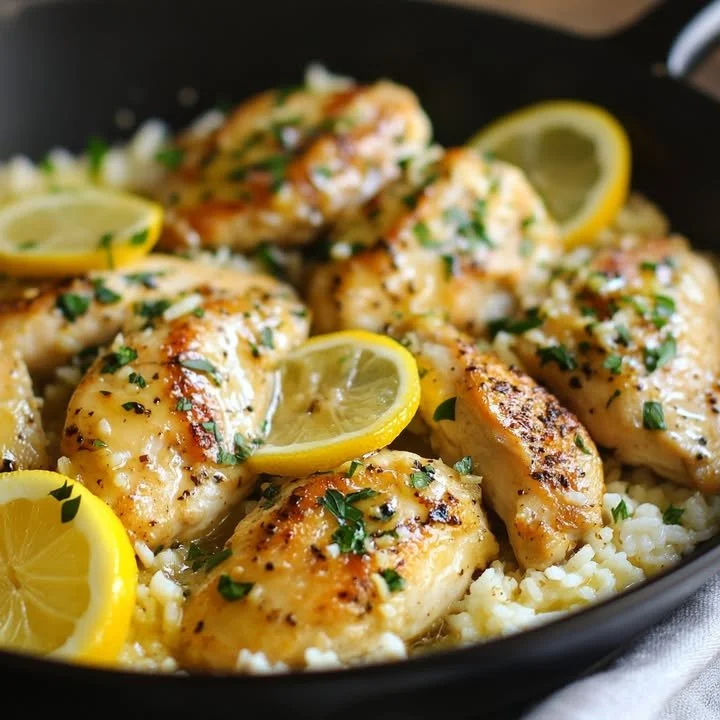 Delicious Lemon Butter Chicken and Rice in one skillet, garnished with lemon slices.