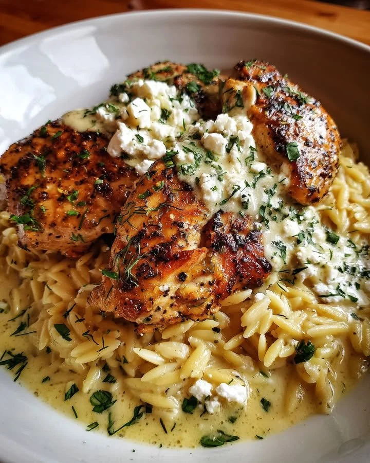 Lemon Butter Dijon Chicken served with Orzo and Feta Sauce on a plate
