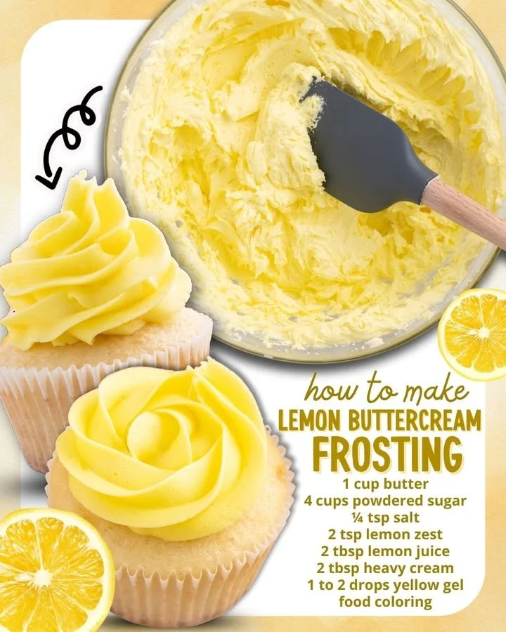 Lemon buttercream frosting spread on a cupcake with lemon slices