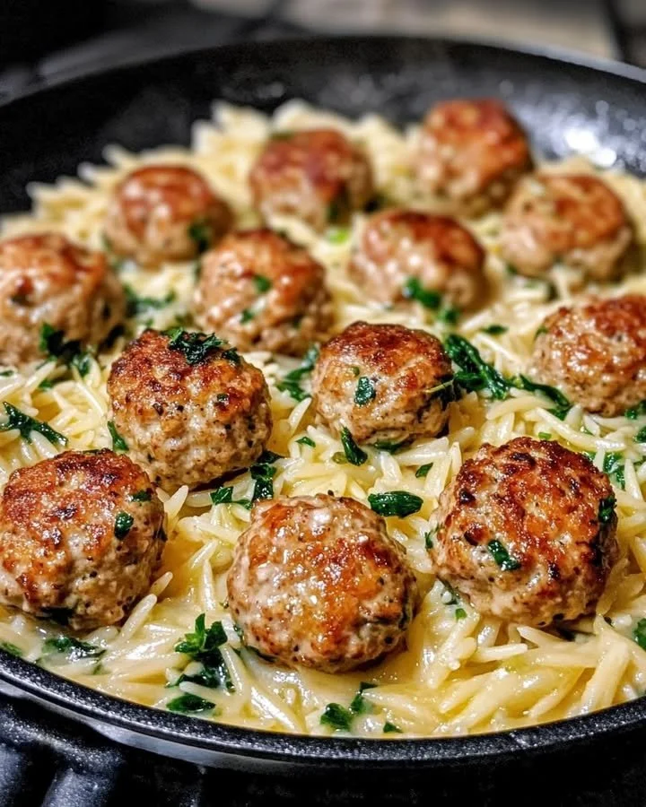 Lemon Chicken Meatballs with Garlic Orzo and Ricotta