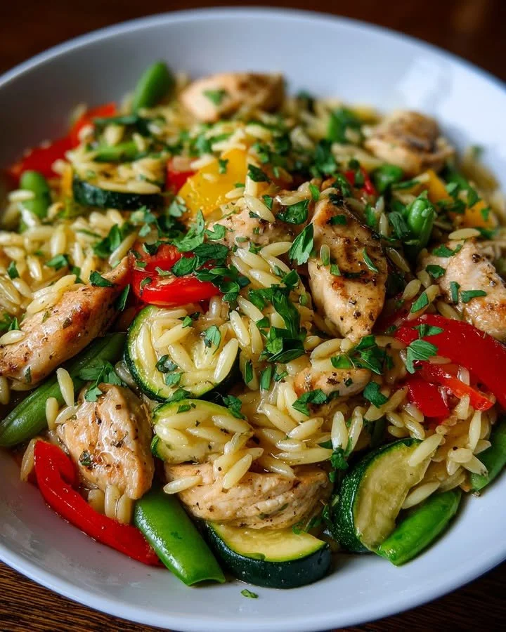 Delicious Lemon Chicken & Veggie Orzo Stir Fry served in a colorful bowl.