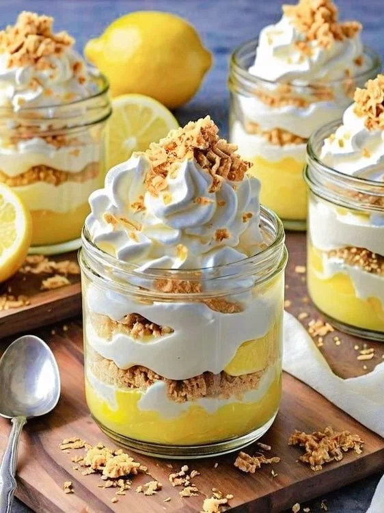 Lemon cream pie parfaits in jars with layers of creamy lemon filling and crust.