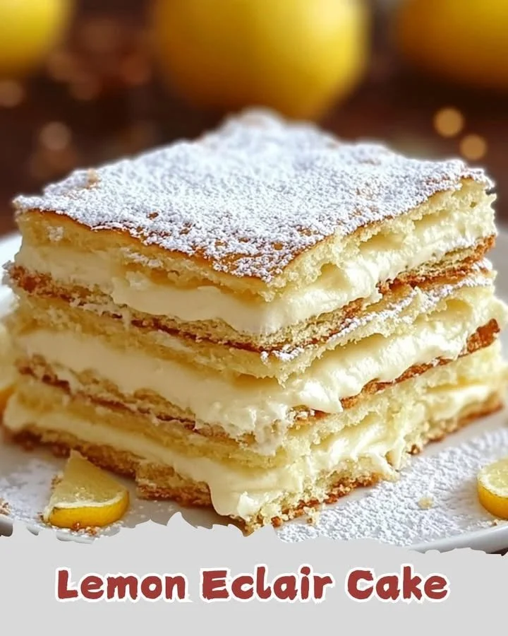 Lemon eclair cake topped with fresh lemon zest and cream