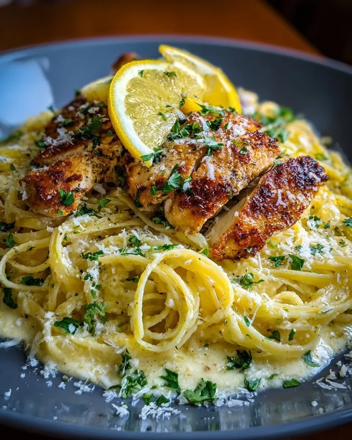 Plate of lemon garlic butter chicken served with creamy parmesan linguine