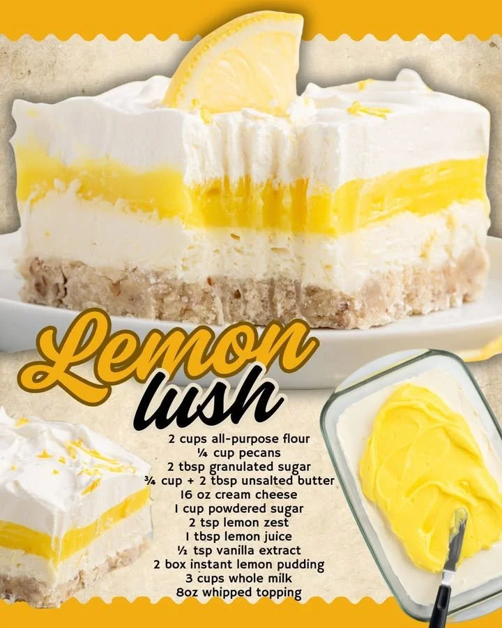 Delicious lemon lush dessert with creamy topping and lemon slices.
