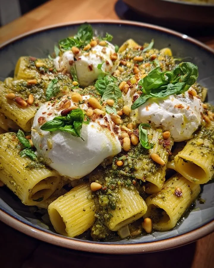 Lemon Pesto Rigatoni garnished with burrata and roasted pine nuts on a plate.