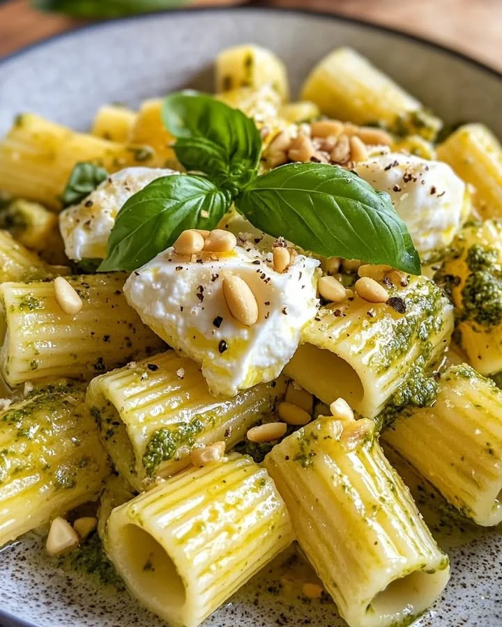 A bowl of Lemon Pesto Rigatoni topped with burrata and roasted pine nuts.