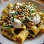 Bowl of Lemon Pesto Rigatoni with Burrata and Roasted Pine Nuts