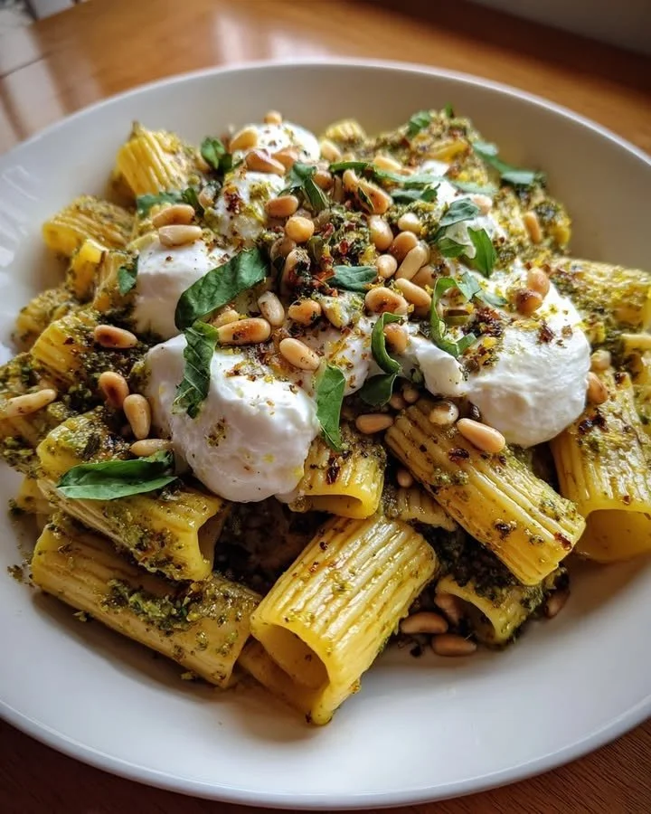 Bowl of Lemon Pesto Rigatoni with Burrata and Roasted Pine Nuts