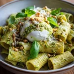 Plate of Lemon Pesto Rigatoni with Burrata and Roasted Pine Nuts