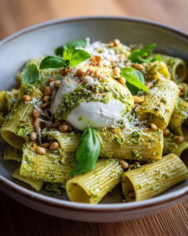 Plate of Lemon Pesto Rigatoni with Burrata and Roasted Pine Nuts
