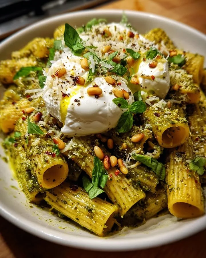 Lemon Pesto Rigatoni topped with creamy burrata and roasted pine nuts in a bowl.
