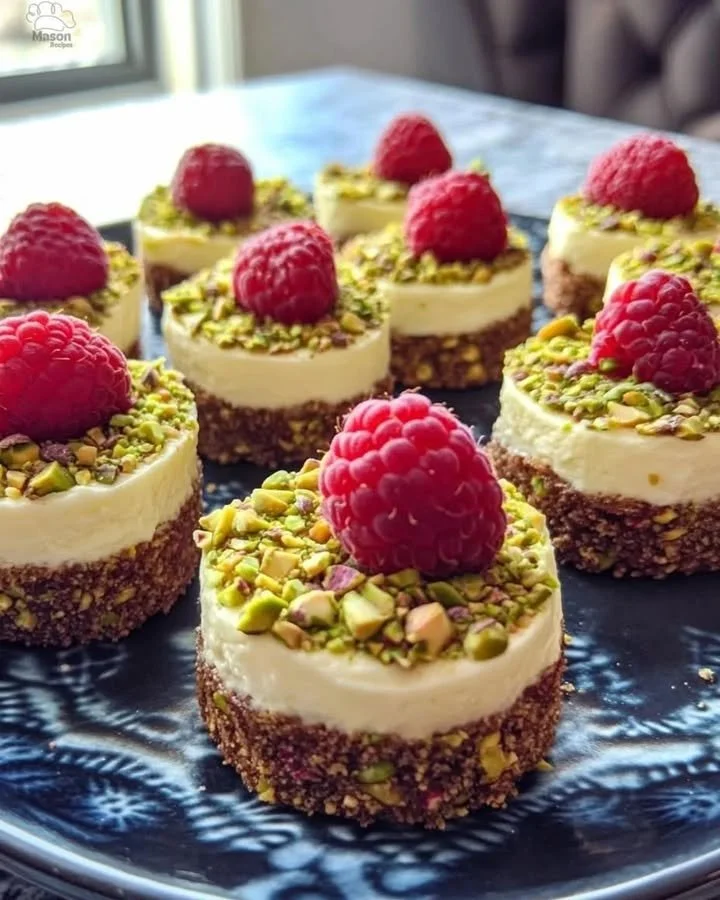 Lemon-raspberry cheesecake bites with a pistachio crust on a serving plate