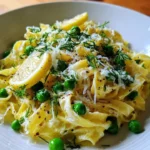 Plate of Lemon Ricotta Tagliatelle with Peas garnished with fresh herbs.