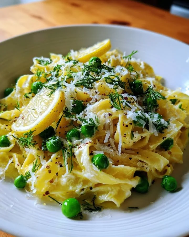 Plate of Lemon Ricotta Tagliatelle with Peas garnished with fresh herbs.