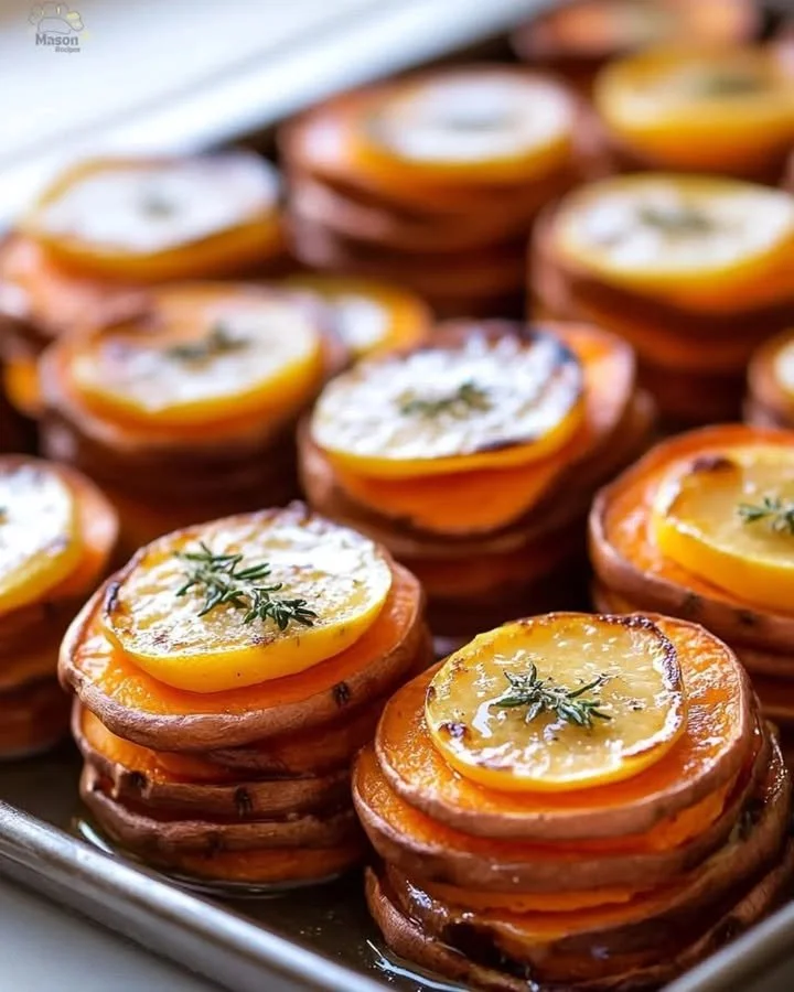 Lemon Thyme Sweet Potato Stacks drizzled with rich Brown Butter