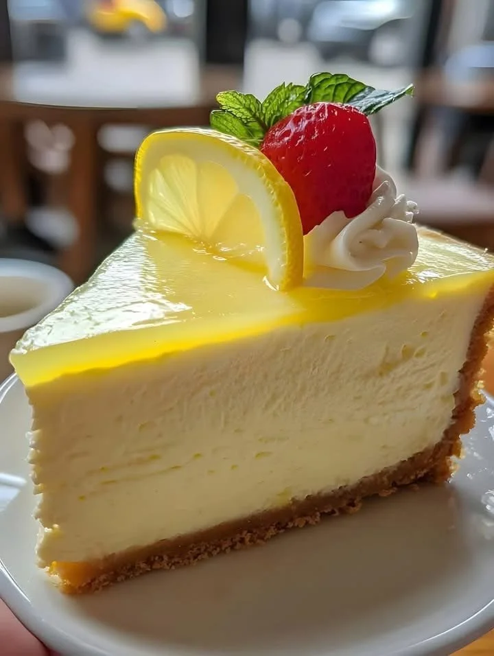 Slice of Lemonade Layer Cheesecake topped with lemon zest and fresh berries