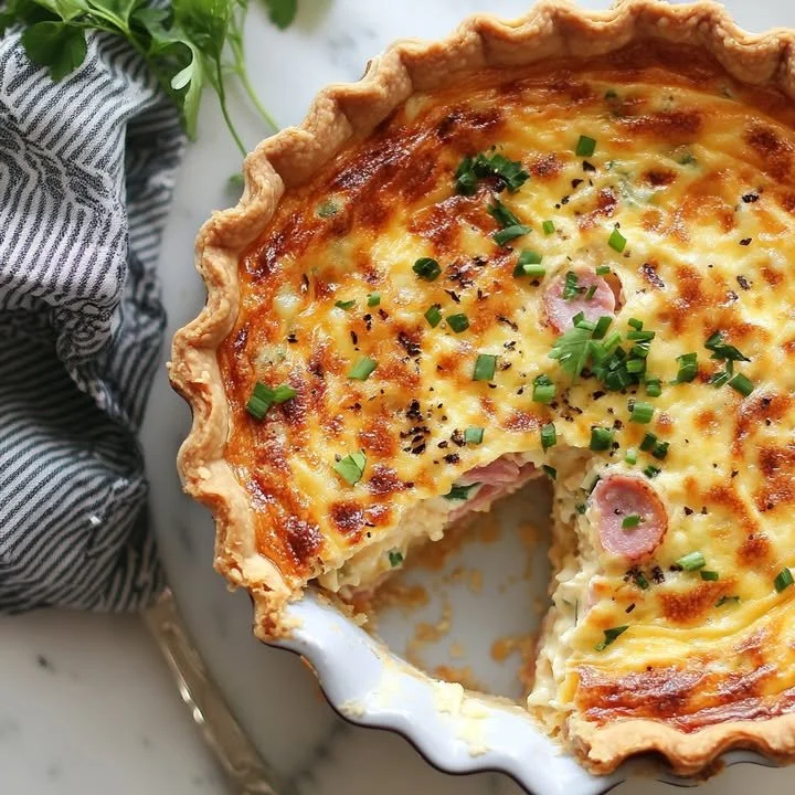 Crustless ham and cheese quiche sliced on a plate, garnished with herbs.