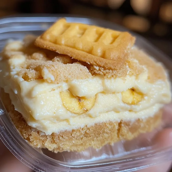 Loaded banana pudding cheesecake cookie sandwich drizzled with cream and bananas