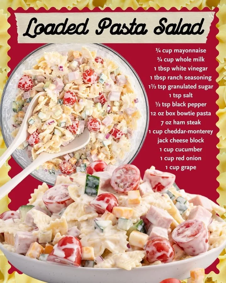 Loaded Bowtie Pasta Salad with fresh vegetables and dressing