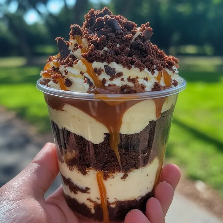 Delicious Loaded Brownie Cheesecake Cup topped with chocolate and nuts