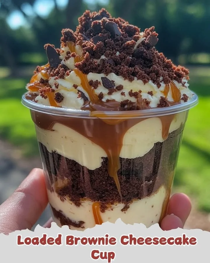 Loaded Brownie Cheesecake Cup with chocolate drizzle and toppings