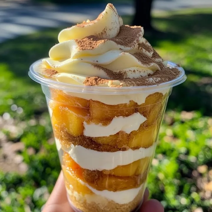 Loaded Peach Cobbler Cheesecake Cup topped with fresh peaches and biscuit crumble