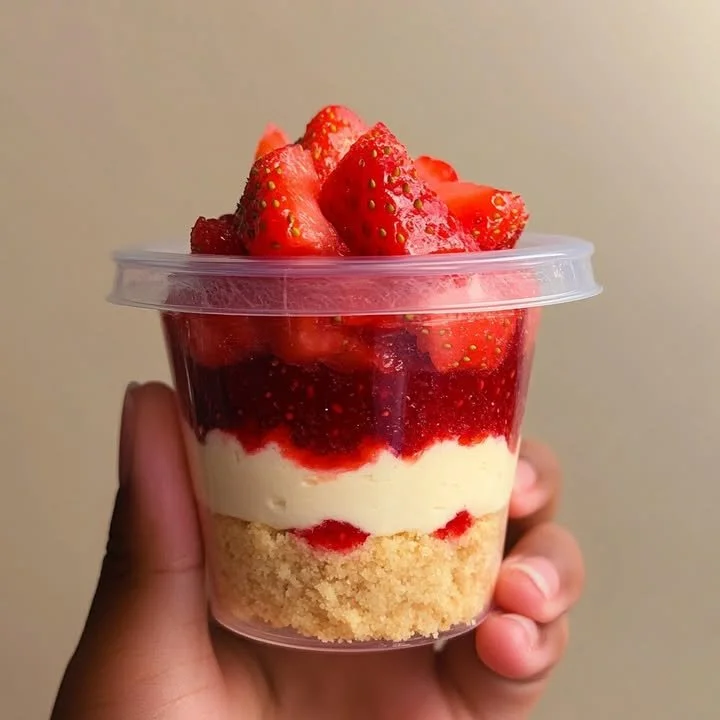 Loaded Strawberry Shortcake Cheesecake Cup with fresh strawberries and whipped cream