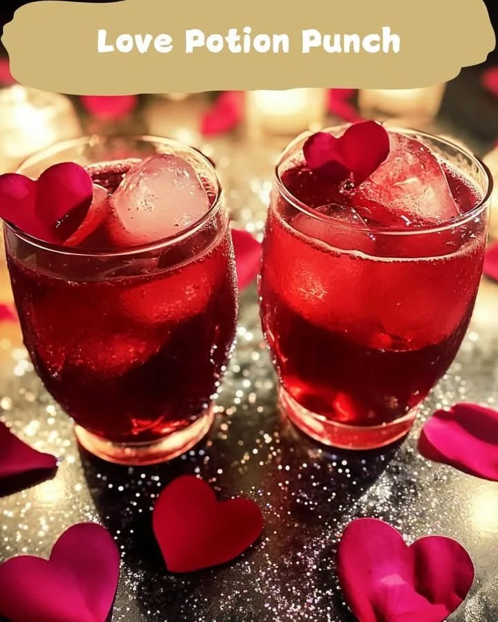 A vibrant Love Potion Punch cocktail served in a decorative glass with fruit garnishes.